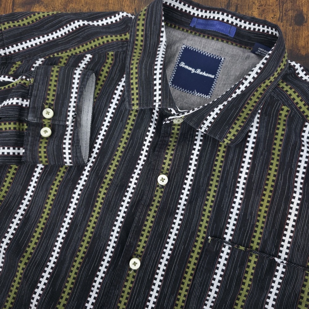 Tommy Bahama Men's Long Sleeve Button Up Black Green White Geometric Striped‎ XL